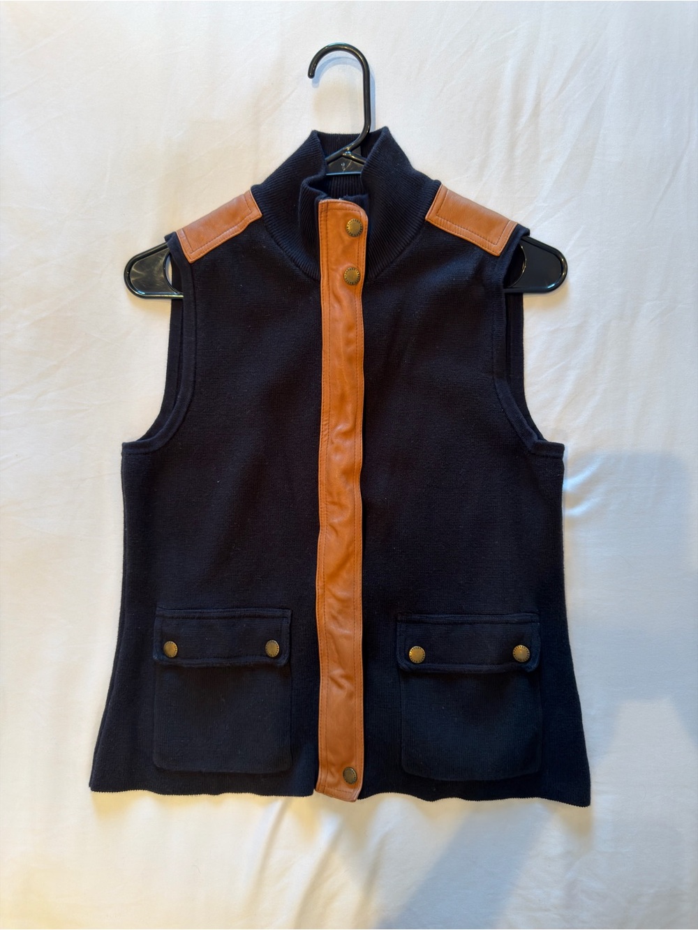 Lauren Ralph Lauren Navy Zip-Front Vest with Brown Trim